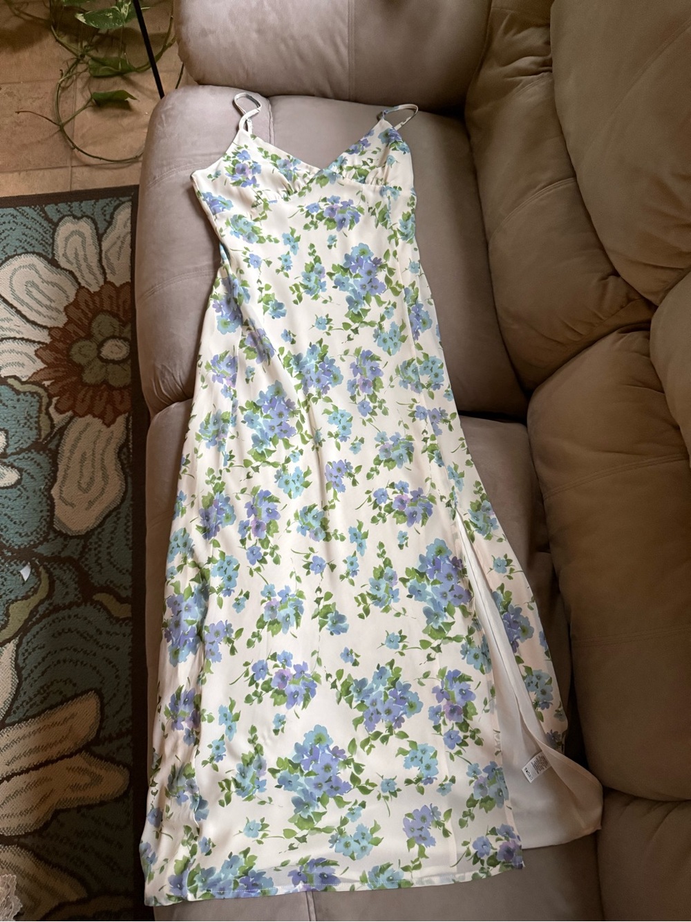 Dynamite Cream Slip Dress with Blue Floral Print